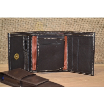 Portfel skórzany ciemnobrązowy męski  z andyjskim etnicznym haftem.